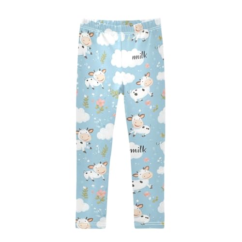 Wusikd Cute Flying Cows Girls' Leggings Toddler Doodles Clouds Flowers Kids Yoga Pants Dance Active Tights 4T