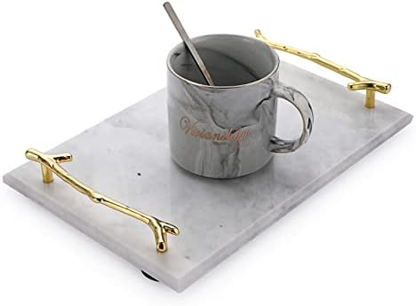 BSTKEY Rectangular Natural Marble Stone Serving Tray with Metal Handle, Decorative Coffee Table Tray, Countertop Tray, Marble Vanity Tray for Kitchen, Bathroom, Dresser Decor, 30x20CM (Grey)