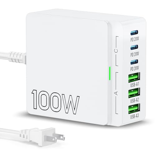 USB C Charger Block Charging Station: 100W 6 Port GaN Fast Charging Brick Hub Cube Box - PD 3.0 Type C & USB A Wall Charger Power Adapter for All iPhone 17 iPad Samsung Android Pixel Series