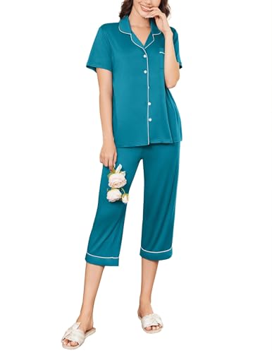 Image of Ekouaer Capri Pajamas for Women Short Sleeve Button Down Sleepwear Comfy Lounge Set 2-Piece Pants Pjs