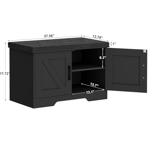 Image of HOMSHO Farmhouse Shoe Storage Bench with 2 Barn Doors & Padded Seat Cushion | 27.6 inch Wide Entryway Bench with Adjustable Shelves & Hidden Storage, Black
