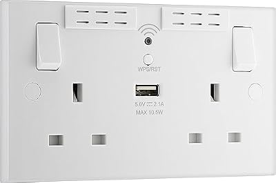🚨 BG Electrical Double Switched Power Wall Plug Socket with Type A USB and Wi-Fi Extender, Square Edge, Nexus 900 Series, White Moulded, 13A, 922UWR