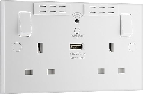 BG Electrical Double Switched Power Wall Plug Socket with Type A USB and Wi-Fi Extender, Square Edge, Nexus 900 Series, White Moulded, 13A, 922UWR