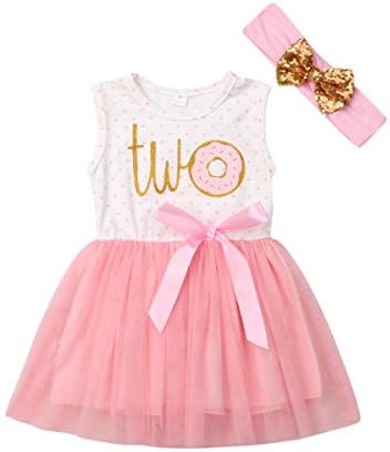 Newborn Baby Girls Pink Striped Tutu Dress First Birthday Skirt Outfits Casual Donut Print Girls Clothes Headband 2Pcs Set (Two Sleeveless, 2-3T)