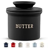 Kook Butter Crock with Lid, Soft Spreadable Butter, Ceramic French Butter Keeper to Leave On Counter with Water Line, Butter Dish, Home and Kitchen Decor, Perfect for Christmas Gift (Black)