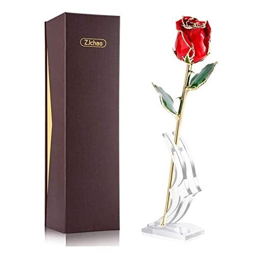 zjchao Budding 24K Red Rose Gifts for Her, Eternity Love Dipped Gold Real Rose Flower Preserved Eternal Christmas Anniversary Valentine's Day Present for Wife, Girlfriend, Mom, Grandma (Red)