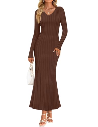 ZESICA Women's 2025 Fall Sweater Dress Long Sleeve V Neck Ribbed Knit Party Cocktail Bodycon Maxi Dresses
