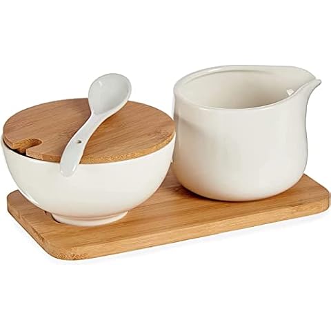 Servierset aus Keramik, Milchkännchen und Zuckerdose, mit Löffel und Holztablett Cover