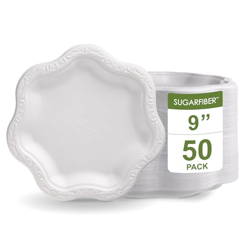[50 COUNT] 9-inch Compostable Disposable Paper Plates, White Floral Acanthus Collection