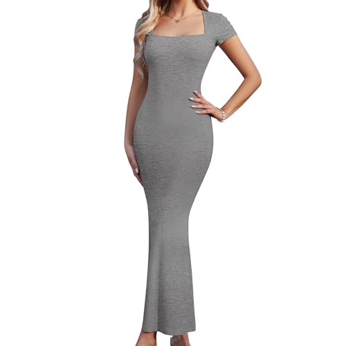 L’Or ロルWaist tuck Dress グレー LUOFEN Ribbed Maxi Dress for Women Black Cap Bodycon Short Sleeve