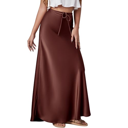 Long Silk Skirt Women's Spring Summer High Waist Drawstring Ruffle