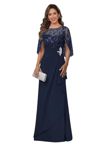 GIOUFEI Long Cape Sleeve Mother of Bride Dress 2026 A Line Chiffon Elegant Formal Wedding Guest Dresses for Women Navy Blue Plus Size 22W