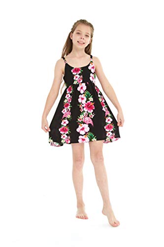 Girl Hawaiian Classic Empire Dress with Elastic Strap in Pink White Hibiscus Vine