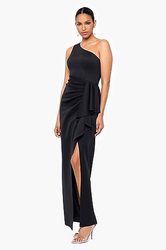 Xscape Women's Long Stretch Scuba Sleeveless One Shoulder Side Ruffle Dress3