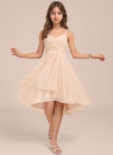 dideyttawl Short Junior Bridesmaid Dresses Pleated Chiffon Hi-Lo Flower Girls Dress Spaghetti Straps Flowy Gown 25044