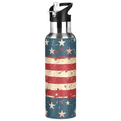 ALAZA 4th of July Sparklers and Firecracker and American Flag Red White Blue Rustic Water Bottle with Straw Lid Vacuum Insulated Stainless Steel Thermo Flask Water Bottle 32oz