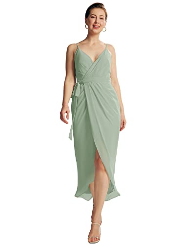 ALICEPUB V-Neck Chiffon Bridesmaid Dresses Sage Green Midi Tulip Party Dress with Elastic and Self-tie Waist, L