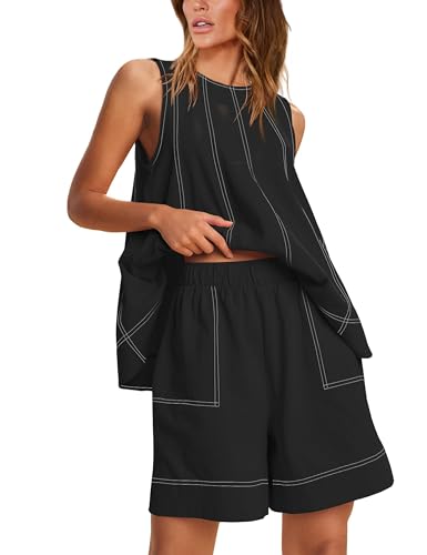 Majdan Womens 2 Piece Outfits Summer Shorts Set Sleeveless Tank Top and Shorts Matching Set with Pockets