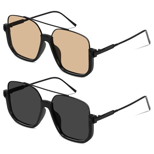 Square Oversized Aviator Sunglasses for Women Men 70s Retro Double Bridge Sun Glasses Fashion UV Protection Shades