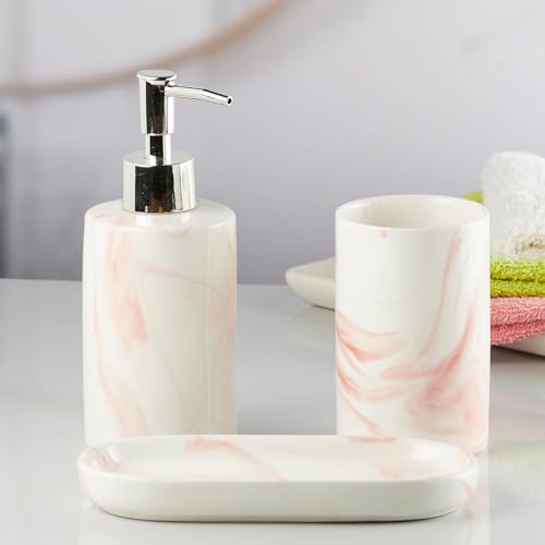 Image of SaSaSa Ceramic Bathroom Set of 3 Modern Bath Accessories Kit with Soap Dispenser, Toothbrush Holder & Dish - Stylish & Elegant Bathroom Decor, White /Pink (7648)