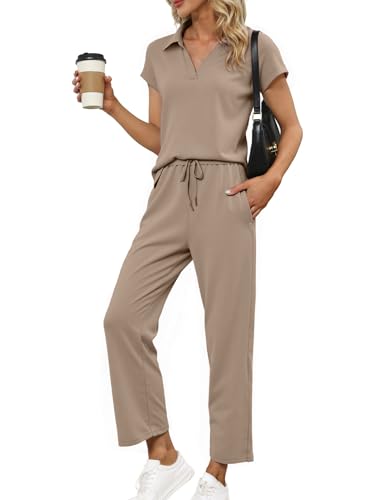 Reviews de Conjuntos para Mujer más recomendados. 47 Glamaker - Conjunto de 2 piezas de verano para mujer, conjunto de playera de polo y pantalón, conjunto de chándal de viaje a juego 2025, Marrón/Gris (Coffee grey), M