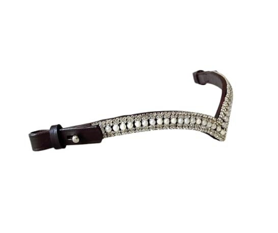Benz Equestrian Luxury Pearl and Crystal V-Shaped Horse Browband in Brown Leather for Equestrian Purpose (Full/Large , Brown)