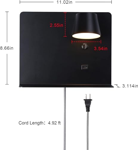 Image of SUNLLOK LED Wall Lamp with USB Charging Port Case, Modern Reading Wall Sconces with Shleves, Adjustable Lampshade Source Warm White Wall Mounted Lamp Decoration for Living Room, Bedroom, Black