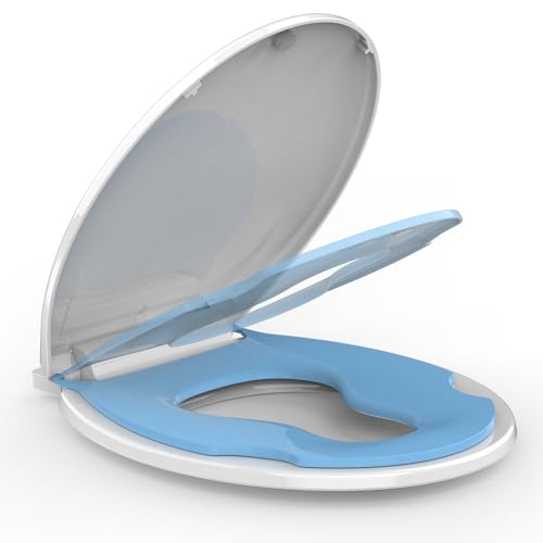 Toilet Seat Round,Toilet Seat with Toddler Seat Built in, Potty Training Toilet Seat Round Fits Both Adult and Child, with Soft Close, Easy Install and Clean - Round White and Blue