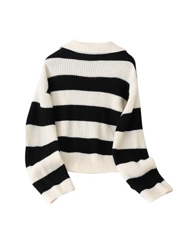SweatyRocks Girl's Striped Sweater Colorblock Collared V Neck Long Sleeve Knit Pullovers2