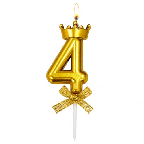 Image of Number 4 Unscented Candle with Crown 3 inch for 4th Birthday Party, Wedding Anniversary, Engagement, Theme Party Celebration Cake Topping Decoration Gold, Numeric 4