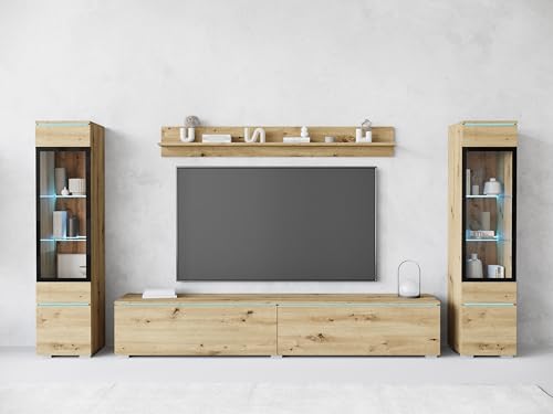 Muebles Slavic Grand Ensemble de Meubles de Salon Vera II, Meuble TV Rangement pour Salon, Vitrines en Verre, Étagère et Banc TV, Suspendu ou sur Pieds, sans...