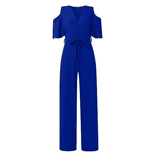 Cut Out Jumpsuit Women, Jumpsuits for Women Dressy Women Jumpsuit V-Neck Hollow Jumpsuits Solid Color Fashion Women's Short Sleeves Casual Long Sexy Pants Wide Leg Pants Plus (Blue,Large)