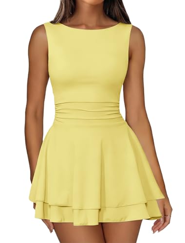 Image of IWD Women's Boat Neck Sleeveless Mini Dress Ruched Waist Flowy Tiered Ruffle Hem A Line Party Short Dresses