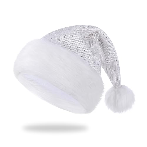 Pxniy Christmas Hat knitted hat with sequin and brim faux rabbit fur Santa hat Holiday party new year for Adults and kid (white)