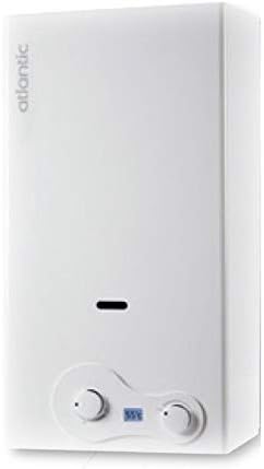 Priekyje view of the Atlantic IONO SELECT i D E 11L gas water heater, showing its white casing, Atlantic logo, control knobs, and LCD display.