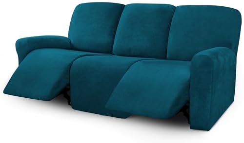 ULTICOR Velvet 8-Pieces Recliner Sofa Covers Stretch Reclining Couch Covers for 3 Cushion Reclining Sofa Slipcovers Furniture Covers Thick Soft Washable (3 Seater Recliner Cover, Deep Teal)