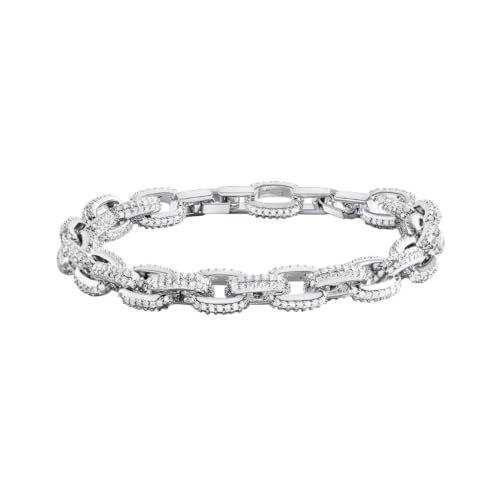 Silver Plated White Cubic Zirconia Pave Bracelet,Bling CZ O-chain Hip Hop Cuban Bracelets Tennis Bracelet for Women Men Jewelry,7.2
