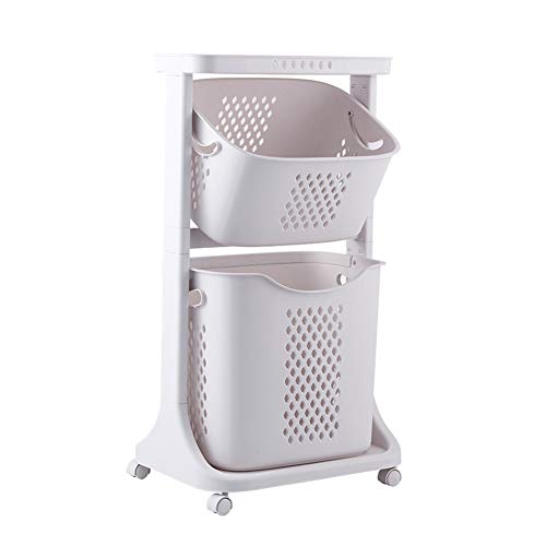 HOMRanger 2 Capas De Plástico Laminado Cesto para Ropa Sucia con Ruedas,Durable Móvil Cestos para La Colada para El Baño,Capa Portátil Cesta De Almacenamiento Blanco 44x33x79cm Cover
