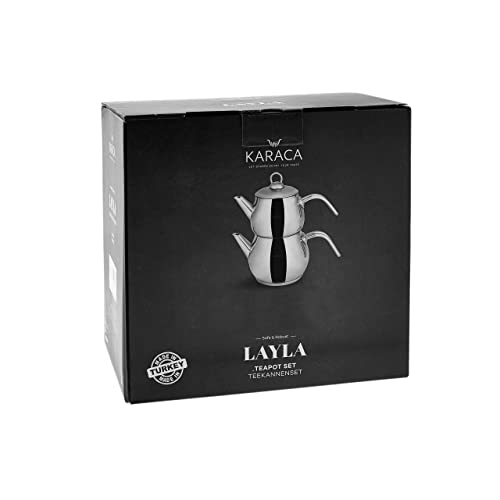 KARACA Layla Turkish Tea Pot Set, 1 Lt 2.2 lb Teapot & 1.75 Lt 3.85 lb Kettle, 18/10 Stainless Steel, Tea Sieve, Turkish Tea Maker, Double Teapots, 2 Years Warranty, Durable, Metal, Induction Safe