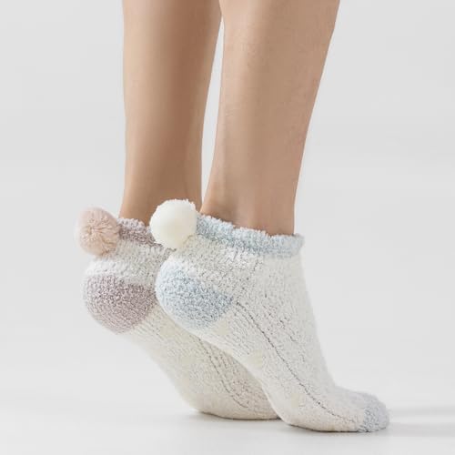 Image of 3Pairs Ankle Socks Low cut Pom Pom Fluffy Fuzzy Warm Winter Plush Slipper Socks For Women