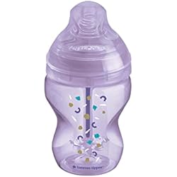 Tommy Type Biberones Tommee Tippee Biberón Anticólico con Tetina con Forma de Pecho y Sistema de Aireación Anticólico, 250ml, Pack de 1, Púrpura (color y diseño varían)