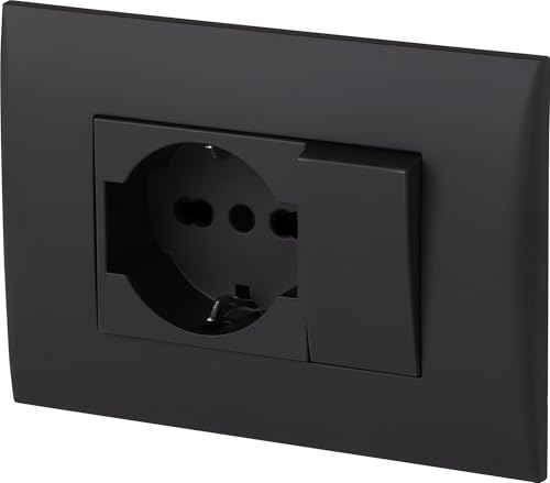 Electraline 22121 Blocco Presa Universale + Deviatore con Placca/Set Placca Premontata 1 Presa universale P40 16A + 1 Deviatore 10A, due viti di montaggio, Nero