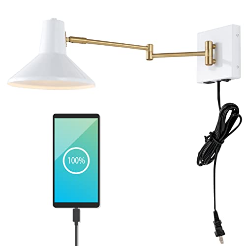Image of JONATHAN Y 16 inch White /Brass Gold 1-Light Modern Swing Arm Sconce with USB Port, Plug-in Midcentury LED Bedside Lamp with White Iron Shade for Bedroom Living Room JYL1302A