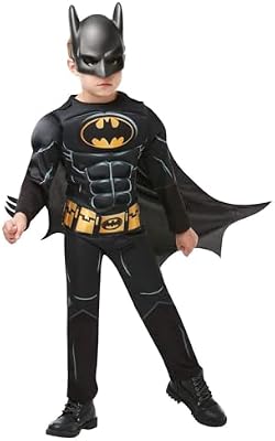 Rubies Disfraz Batman Black Core Deluxe para niño, con pecho musculoso de Lujo Oficial de Batman en color negro, capa removible y máscara para halloween, navidad, carnaval y cumpleaños