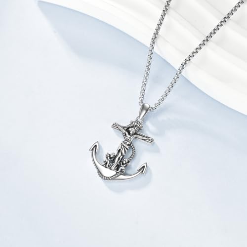 S925 Sterling Silver Men's Catholic Anchor Necklace - Religious Sailor Boat Pendant for Men - Christian Faith Jewelry Gift4