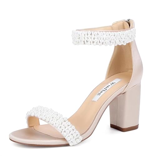 Image of Block Heel Wedding Sandals Pearl Heels Open Toe Wedding Shoes for Bride Bridal Shoes