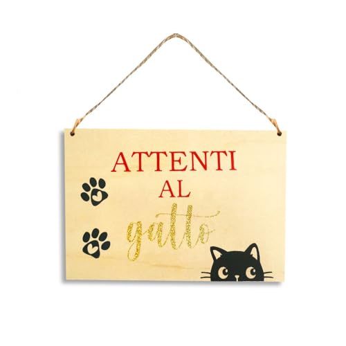 Targa in Legno Decorativa ATTENTI AL GATTO, cartello attenti al gatto, targhetta ironica