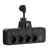 Steckeradapter mit Touch-Nachtlicht mit 4 Steckplätzen, 2 Typ-C+2 USB-Anschlüssen,EU-Steckdosenleisten Einzelschaltbar, Überspannungsschutz,Schwarz für Zuhause, Büro (Schwarz)