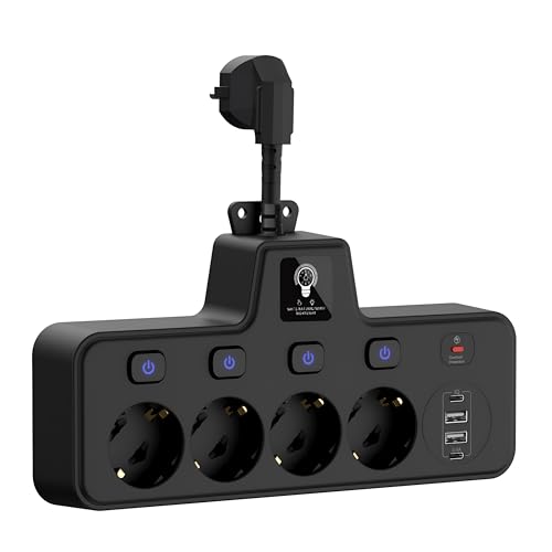 Steckeradapter mit Touch-Nachtlicht mit 4 Steckplätzen, 2 Typ-C+2 USB-Anschlüssen,EU-Steckdosenleisten Einzelschaltbar, Überspannungsschutz,Schwarz für Zuhause, Büro (Schwarz)