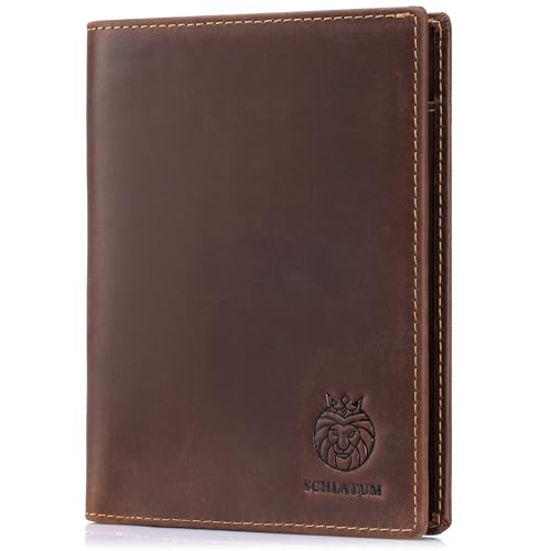 Image of Leather Passport Holder for Travel Men Bifold Slim RFID Blocking with 2 Passport Slots, 1 Cash Pocket, 5 Card Slots